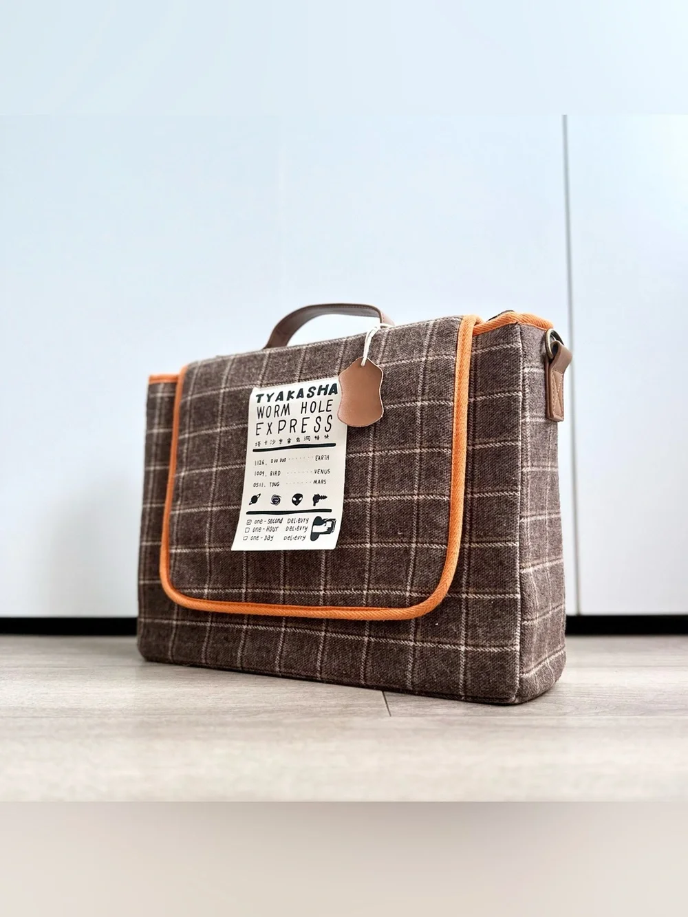 TYAKASHA Worm Hole Express Brown Plaid Tweed Satchel Laptop Bag